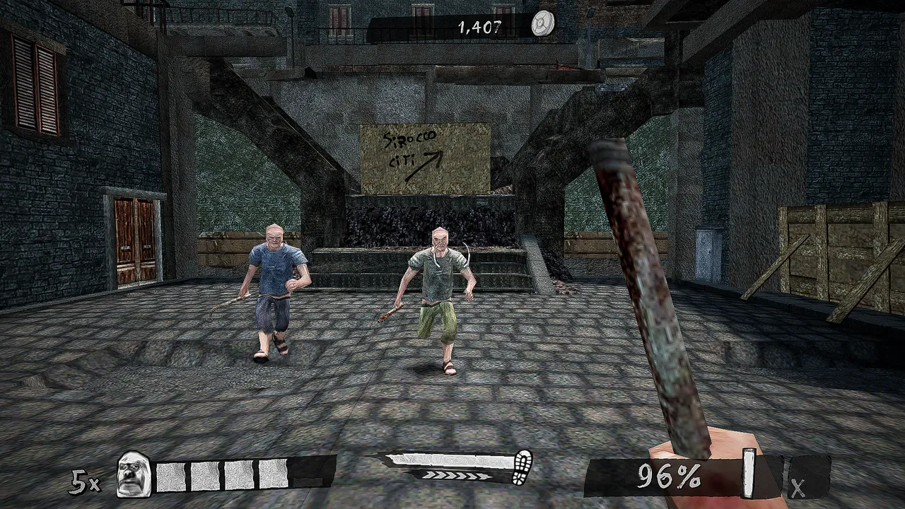 First-person view in Scirocco Thugs: two thugs carrying makeshift weapons run across a cobbled courtyard toward the player, who holds a rusty pipe, below a cardboard sign reading Sirocco Citi with an arrow.