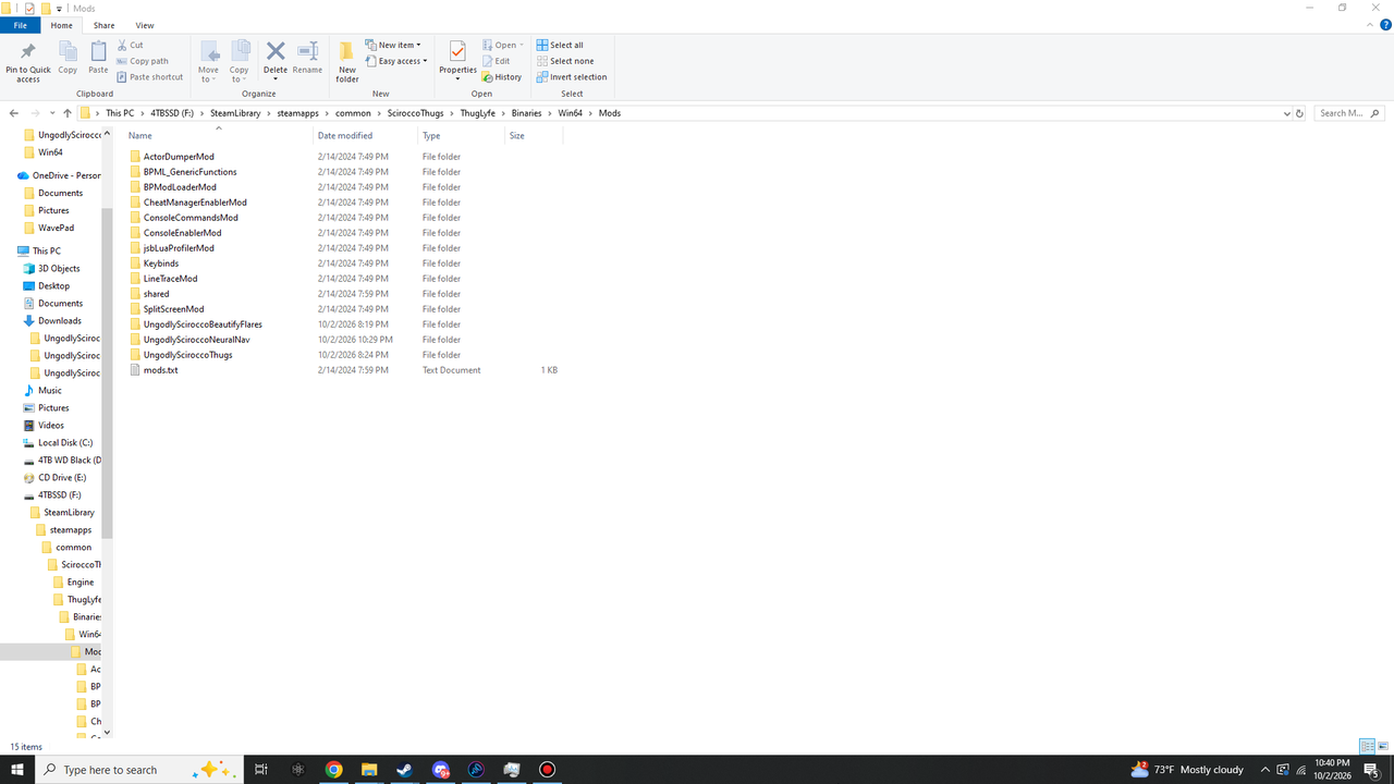 Windows File Explorer open at Win64, Mods, listing UE4SS built-in mod folders, the shared folder, mods.txt and the three folders UngodlySciroccoBeautifyFlares, UngodlySciroccoNeuralNav and UngodlySciroccoThugs.