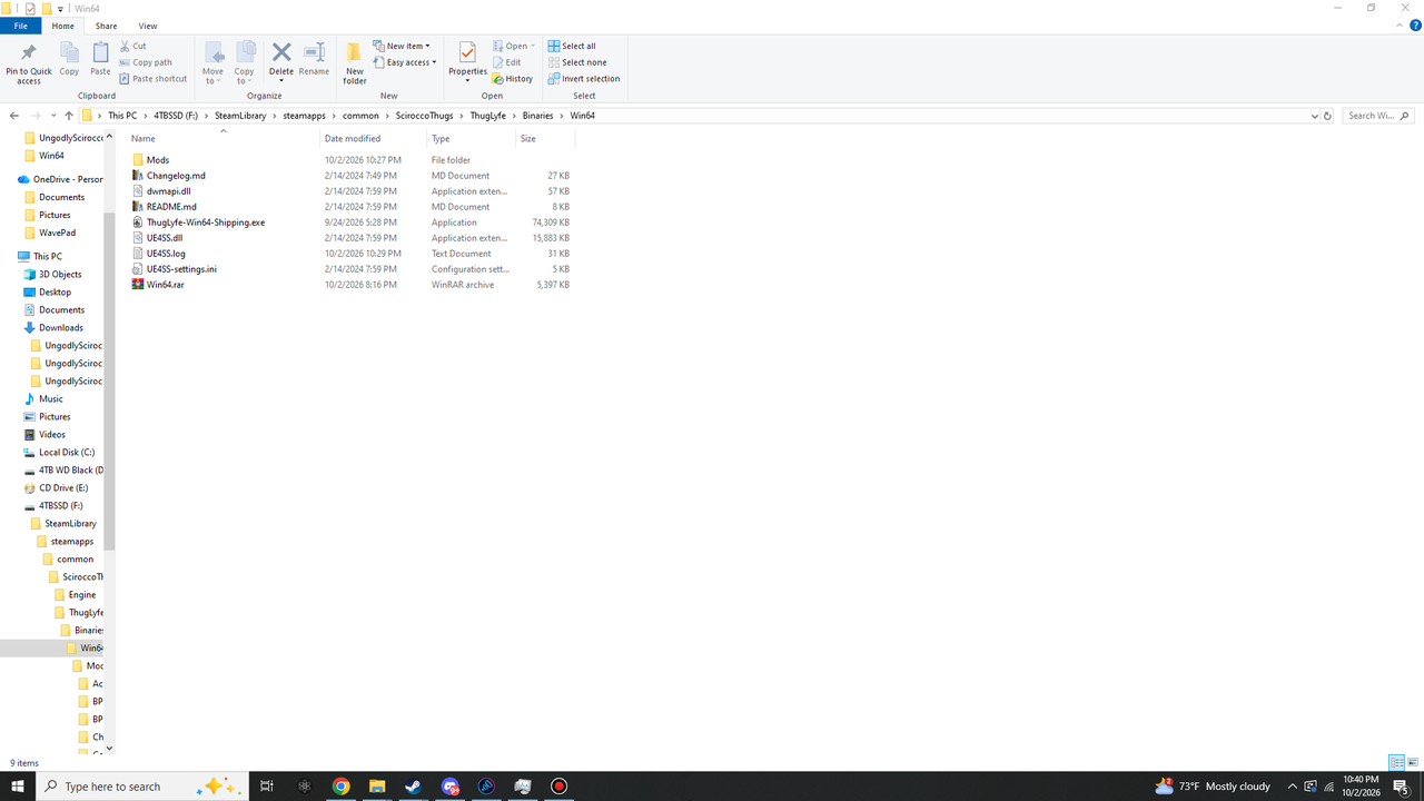 Windows File Explorer open at SteamLibrary, steamapps, common, SciroccoThugs, ThugLyfe, Binaries, Win64, listing Mods, Changelog.md, dwmapi.dll, README.md, ThugLyfe-Win64-Shipping.exe, UE4SS.dll, UE4SS.log, UE4SS-settings.ini and Win64.rar.